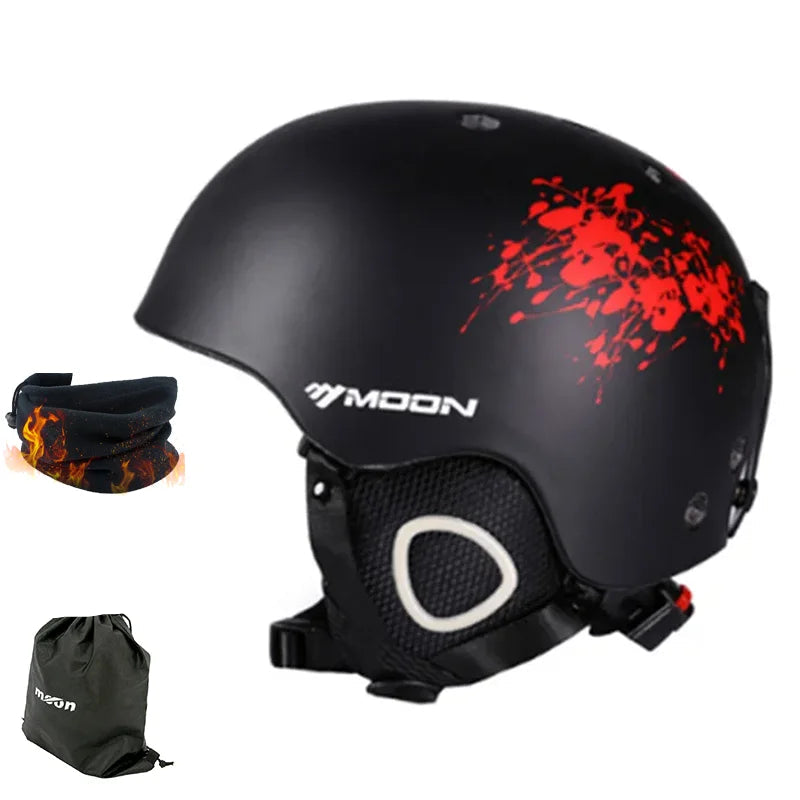 Black helmet with red design, neck gaiter, and drawstring bag on a white background