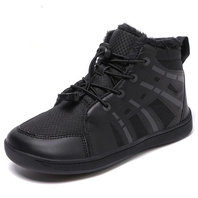 Black high-top sneaker with patterned design on a white background