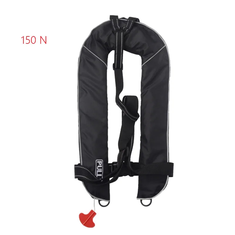 Black life jacket with straps on a white background