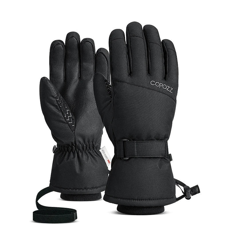 Black snowboard gloves on a white background
