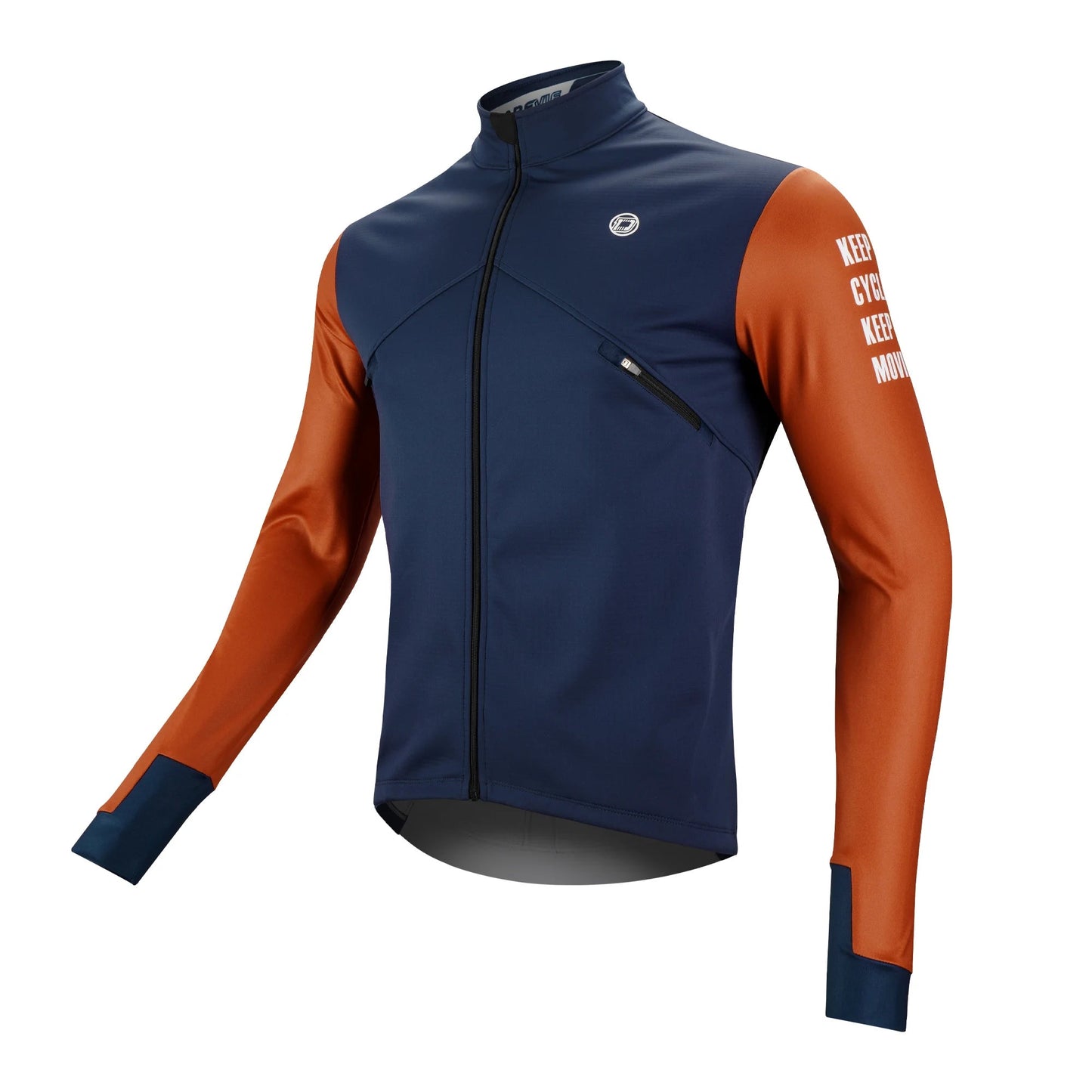 Blue and orange cycling jacket on a white background
