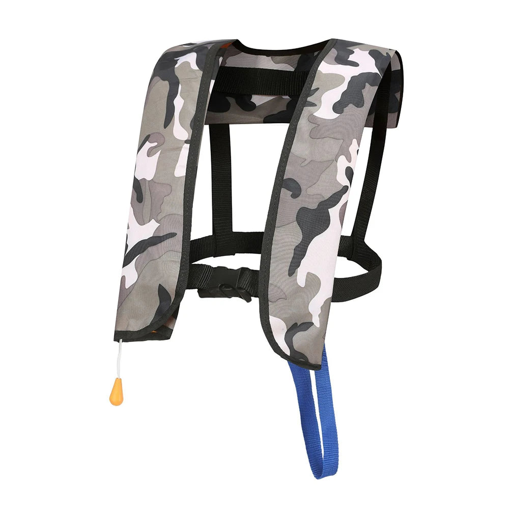 Camouflage life vest with blue straps on a white background