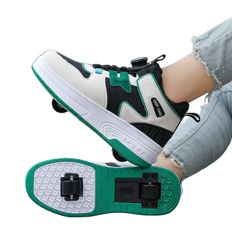 Close-up of a person wearing green and black sneakers with visible wheels on a white background.