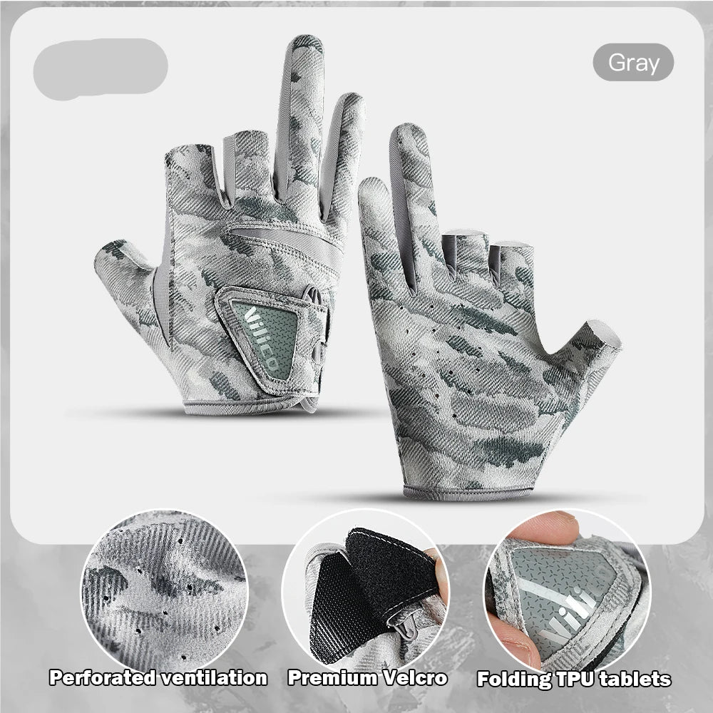 Gray camouflage glove with perforated ventilation, premium Velcro, and folding TPU tablets on a white background.
