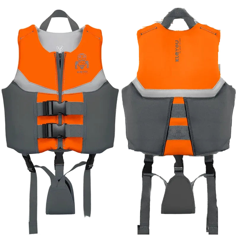 Orange and gray life jacket with straps on a white background