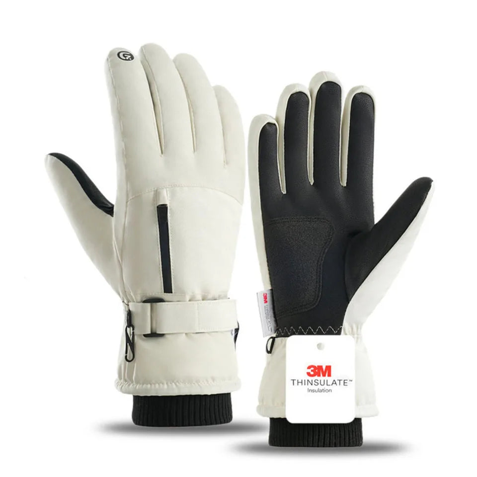 Pair of black and white gloves with 3M Thinsulate insulation label on a white background
