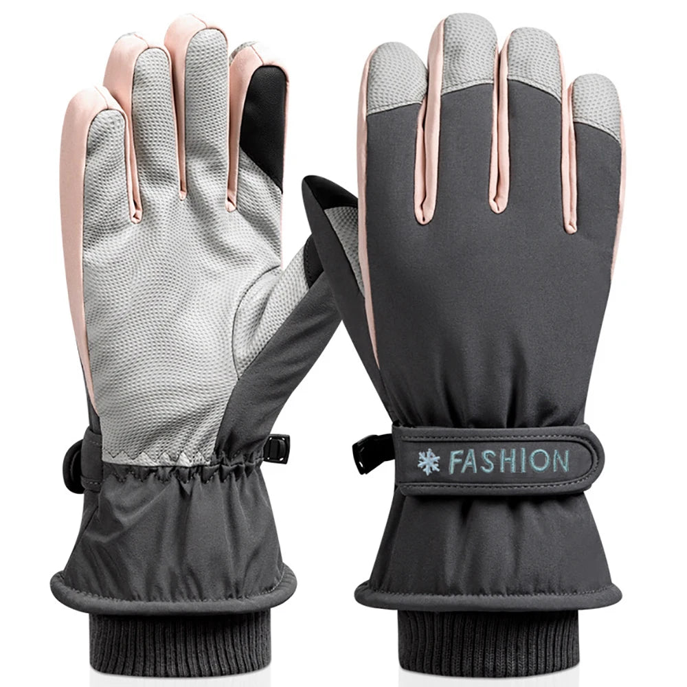Pair of gray gloves with pink accents on a white background