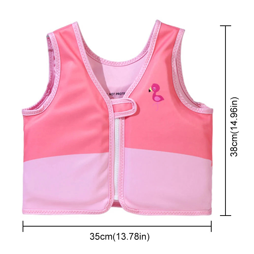 Pink children's life jacket with flamingo design and measurements on a white background