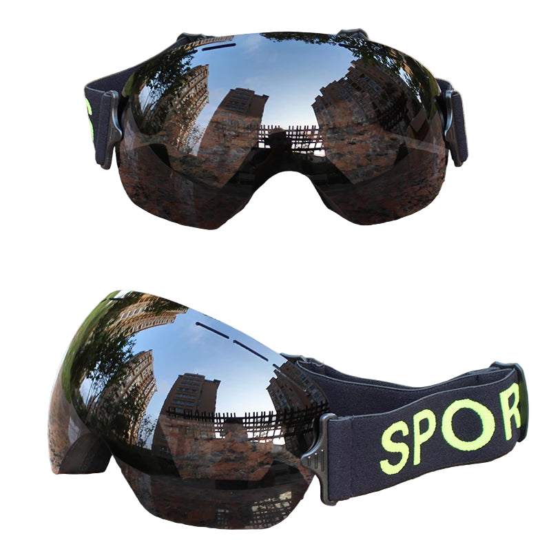 Reflective goggles with a black strap on a white background