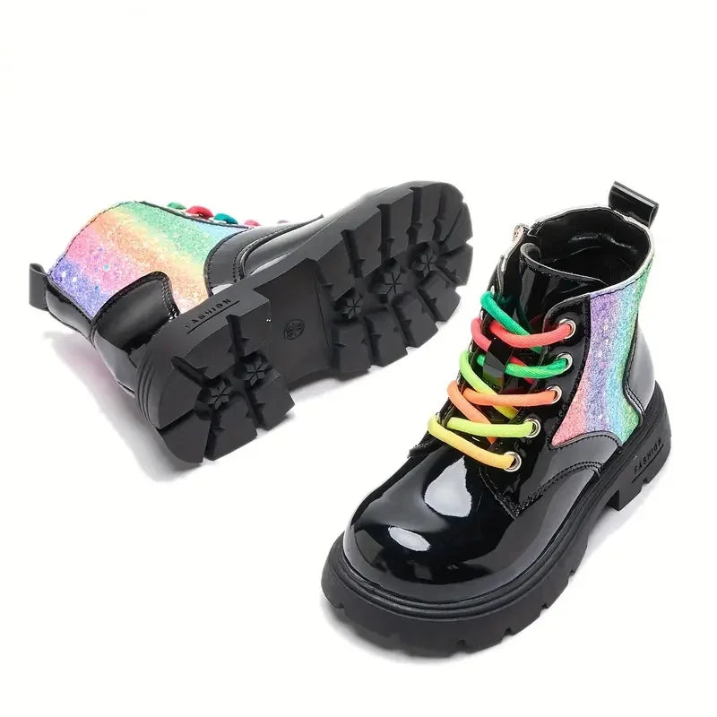Autumn Winter High-Top Lace-Up Kids Martin Boots for Girls Boys Fashion Leather Boots Soft Bottom Non-slip Children Hiking Shoes