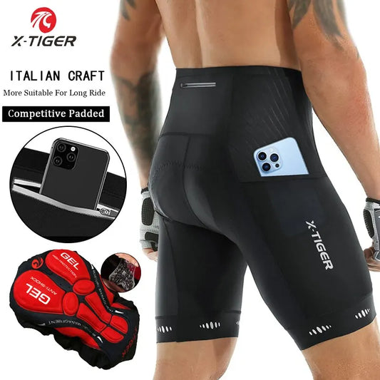 X-TIGER Cycling Shorts With Padding For Men Back Pocket 5D Gel Padded Bike Shorts for MTB & Road Riding