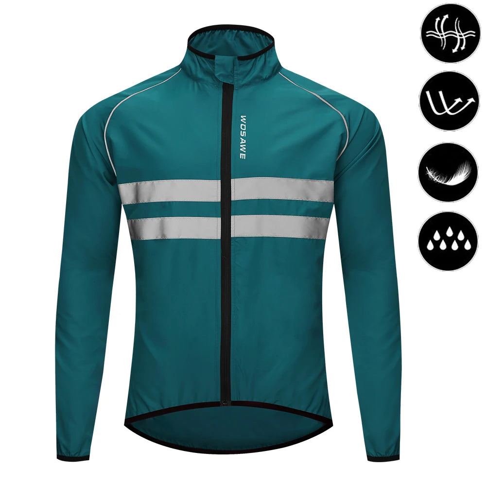 Teal cycling jacket with reflective stripes on a white background