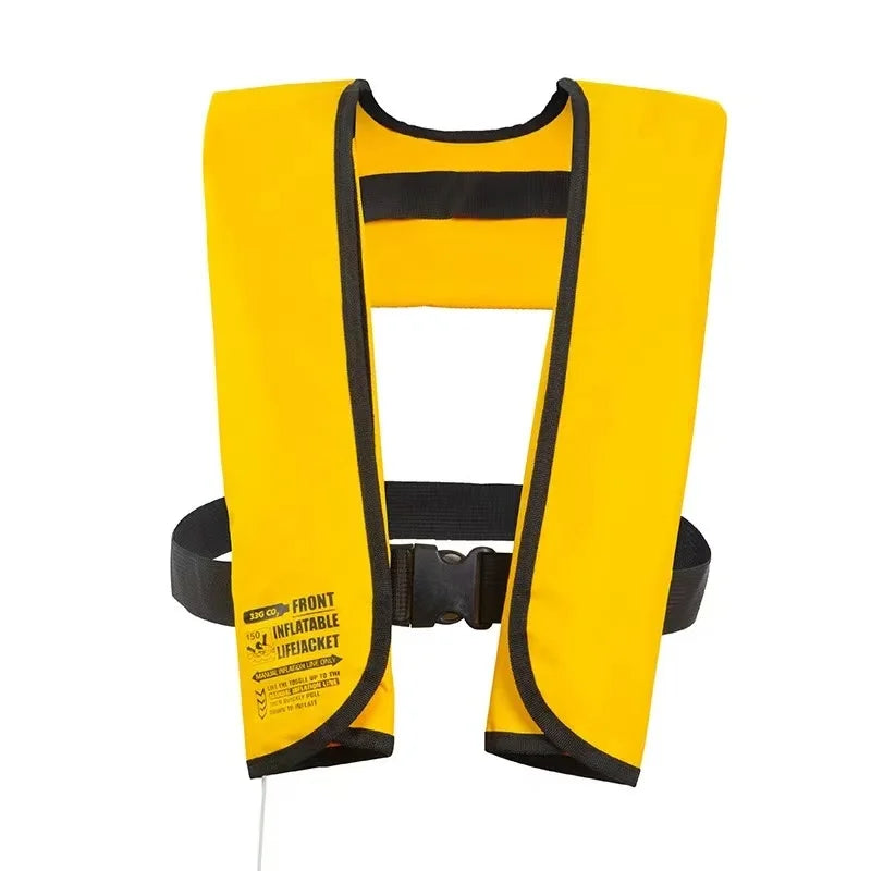 Yellow life jacket with black trim on a white background