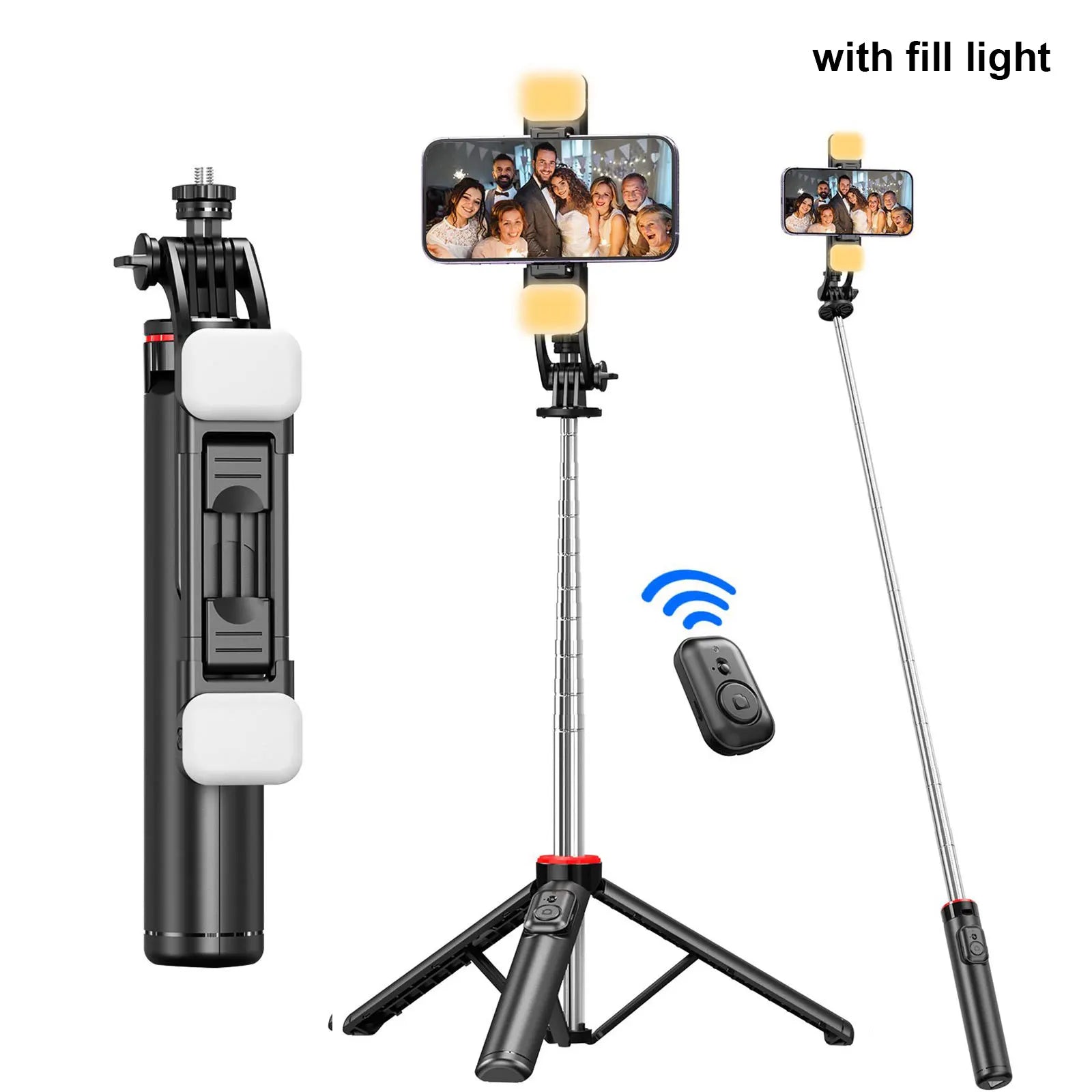 Bluetooth selfie stick tripod with remote and detachable light for iPhone and Android