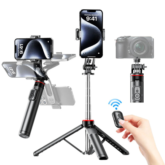 Selfie stick tripod holding iPhone for photography