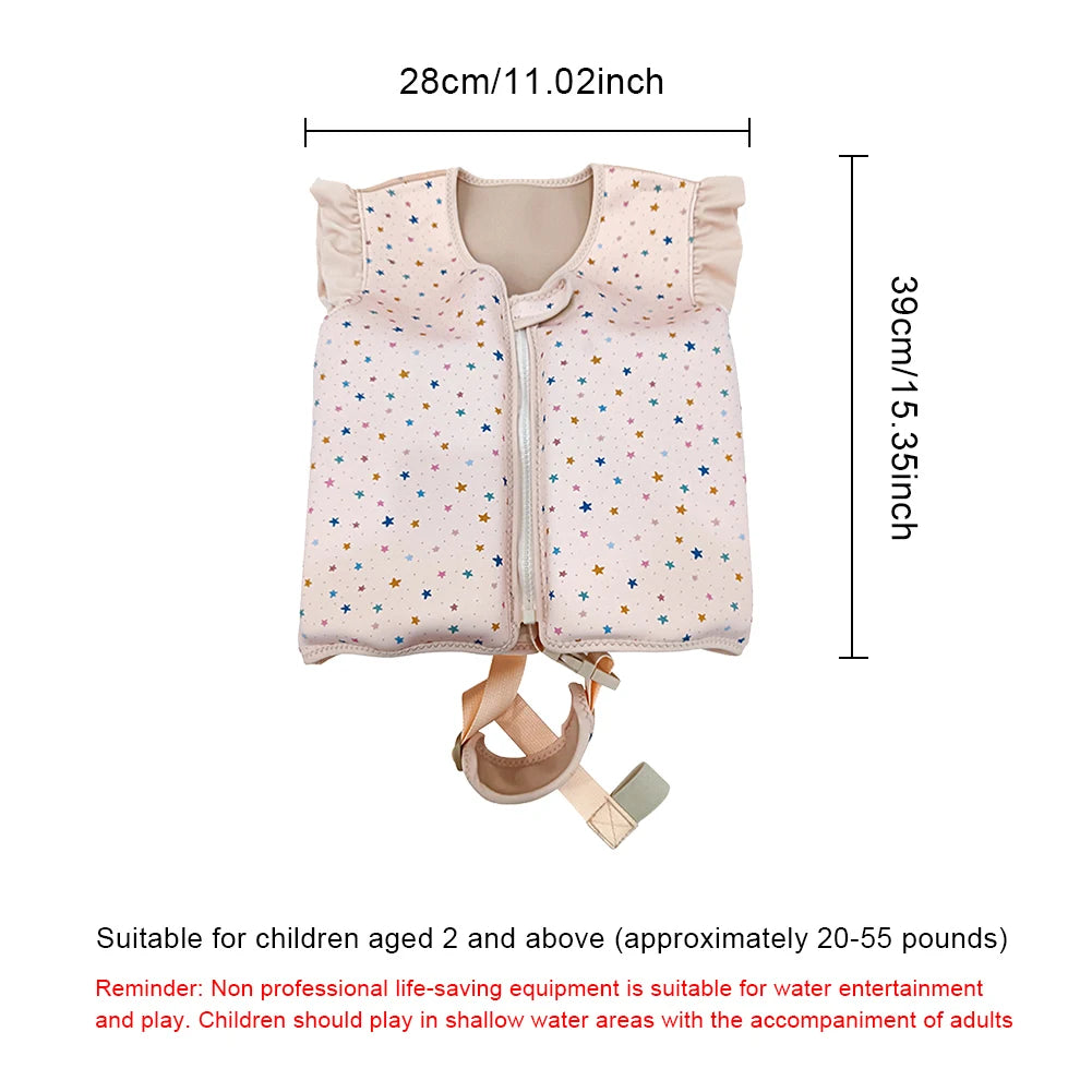 Baby life jacket with star pattern and measurement details on a white background