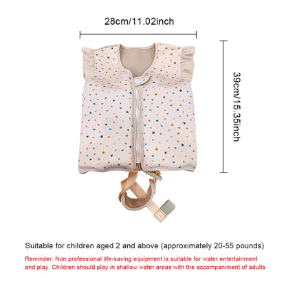 Baby life jacket with star pattern and measurement details on a white background