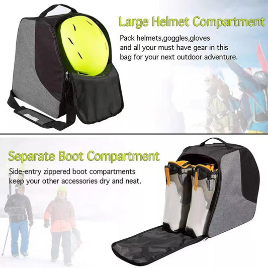 Backpack with large helmet compartment and separate boot compartment for outdoor gear.