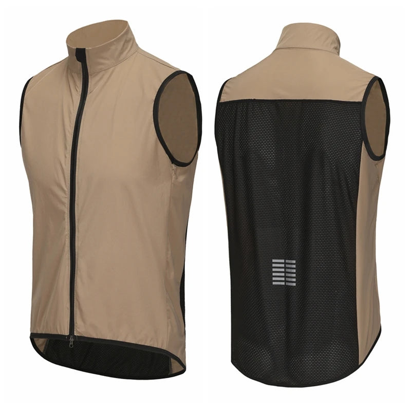 Beige and black sleeveless jacket with mesh back on a white background