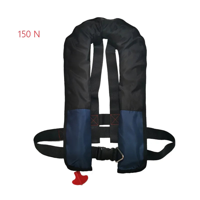 Black and blue life jacket with a red inflation handle on a white background