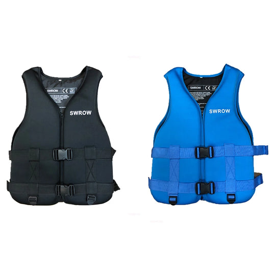 Black and blue life vests on a white background