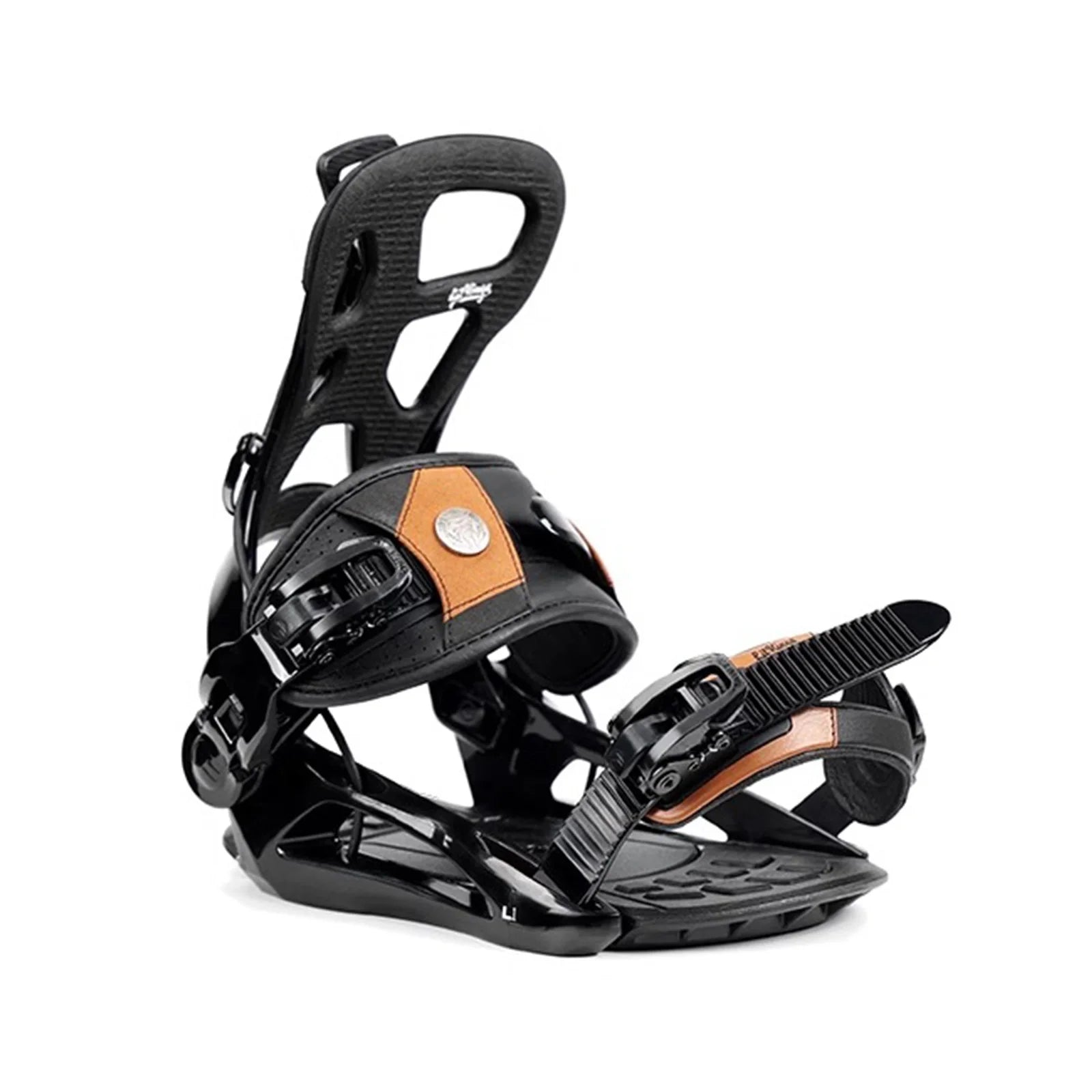 Black and brown snowboard binding on a white background