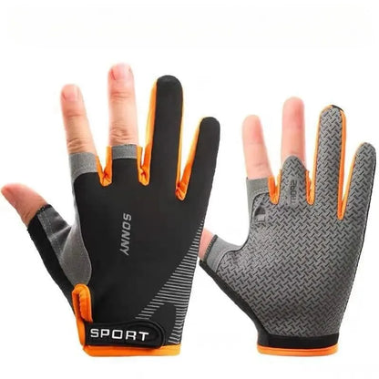 Black and gray sports gloves with orange accents on a white background