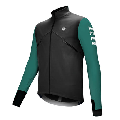 Black and green cycling jacket with text on sleeves.