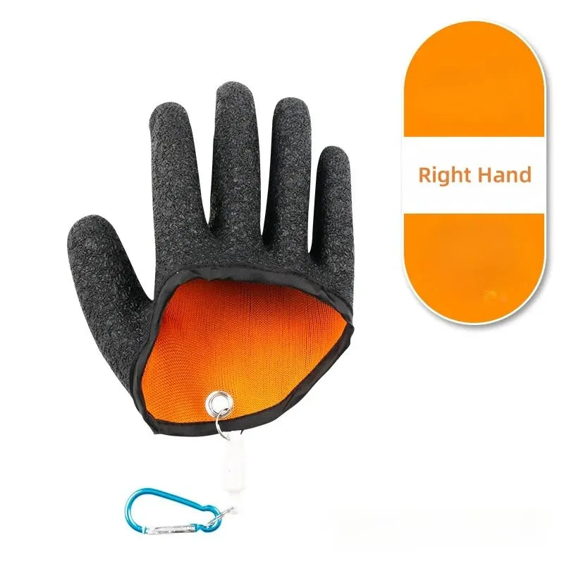 Black and orange glove with a blue carabiner on a white background