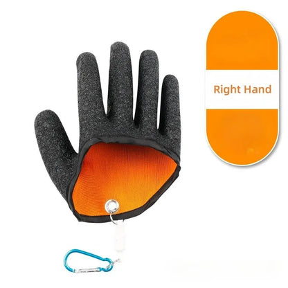 Black and orange glove with a blue carabiner on a white background
