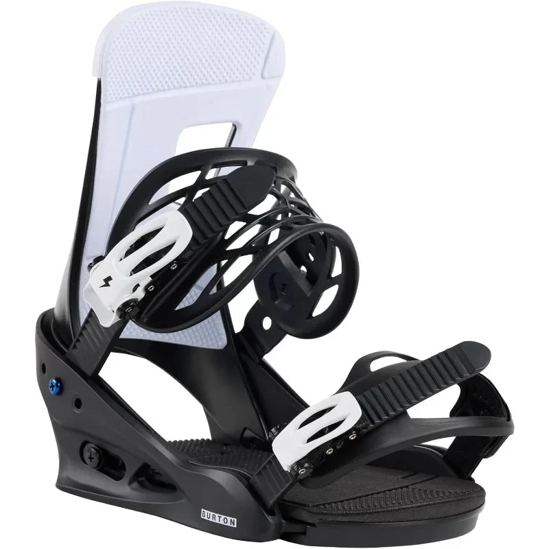 Black and white snowboard bindings on a white background