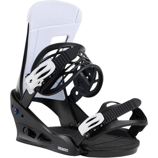 Black and white snowboard bindings on a white background