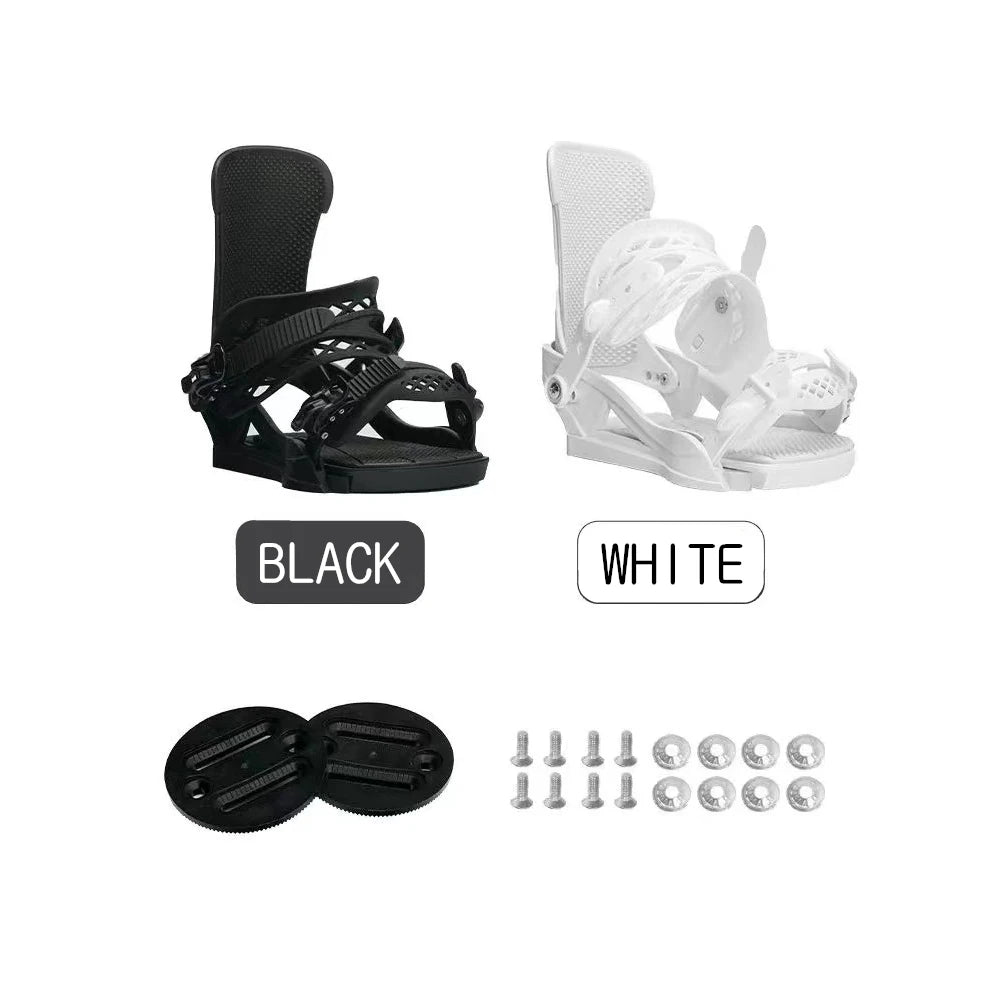 Black and white snowboard bindings with hardware on a white background