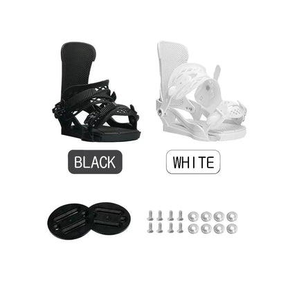 Black and white snowboard bindings with hardware on a white background