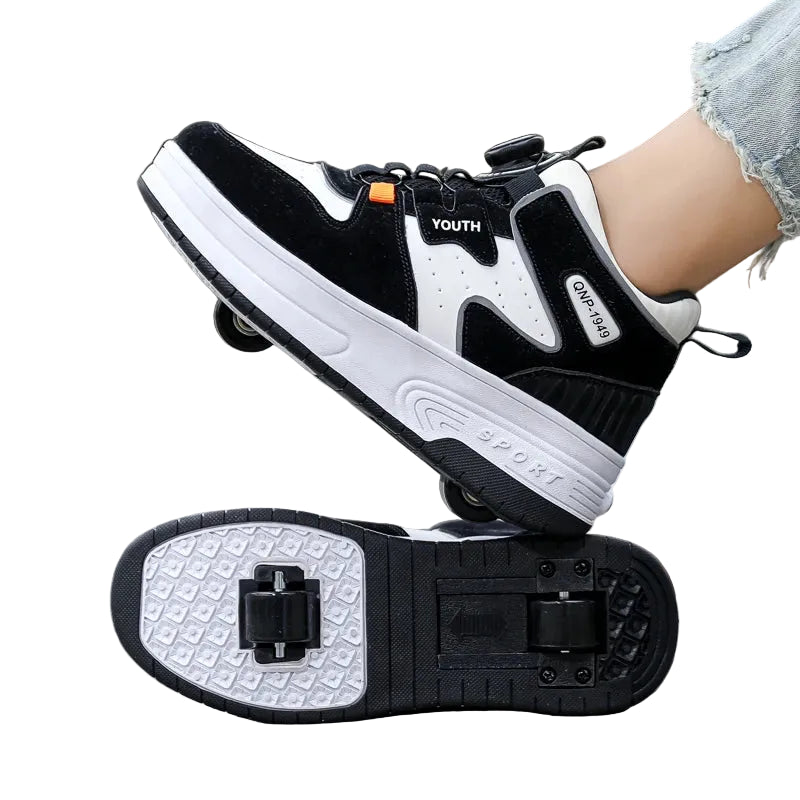 Black and white roller shoes on a white background