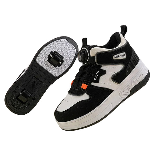 Black and white sneakers with unique sole design on a white background