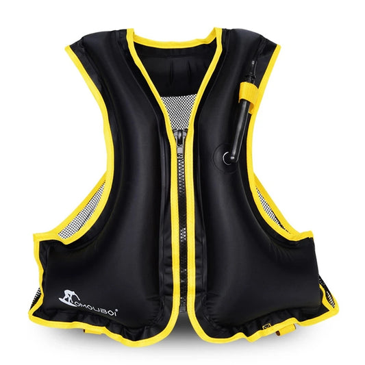 Black and yellow inflatable vest on a white background