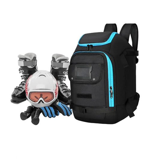 Black backpack with blue accents, ski boots, helmet, goggles, and other winter sports equipment on a white background.