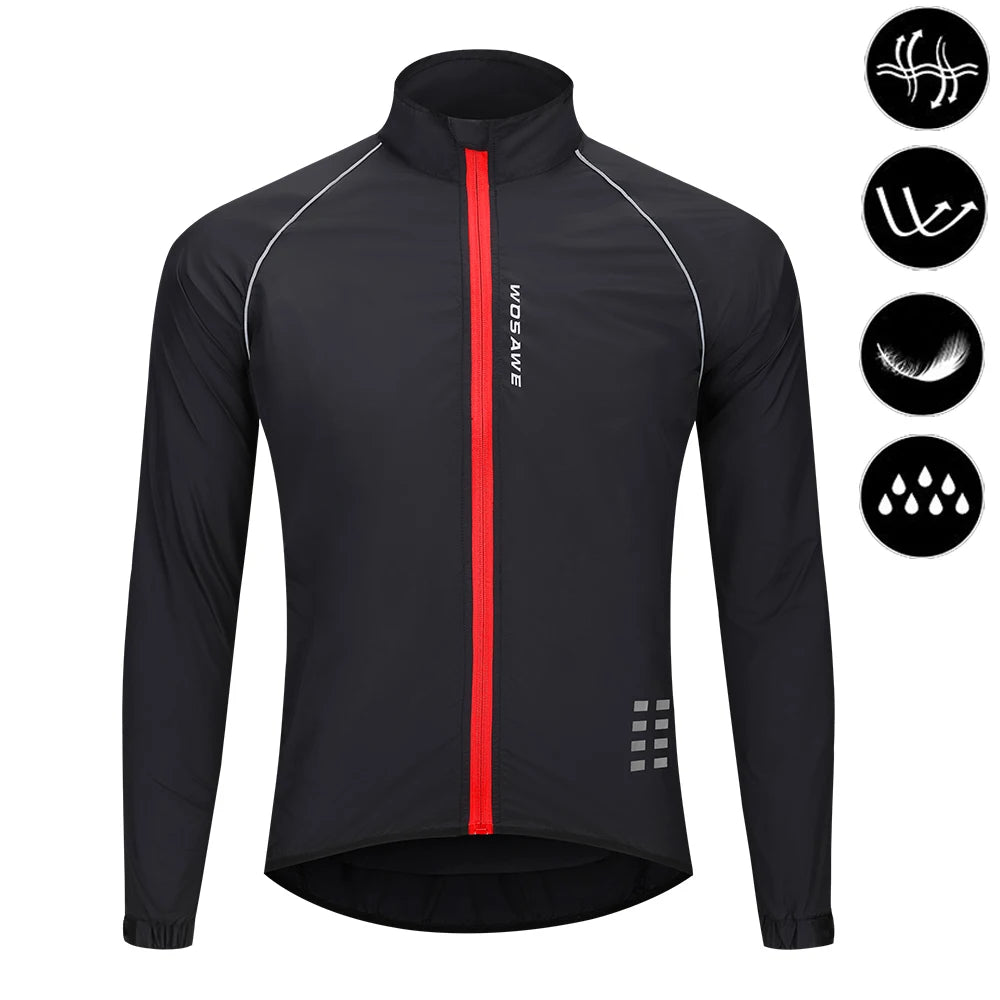 Black cycling jacket with red stripe on a white background