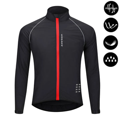 Black cycling jacket with red stripe on a white background