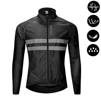 Black cycling jacket with reflective stripes on a white background