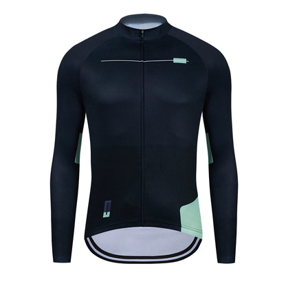 Black cycling jersey with green accents on a white background