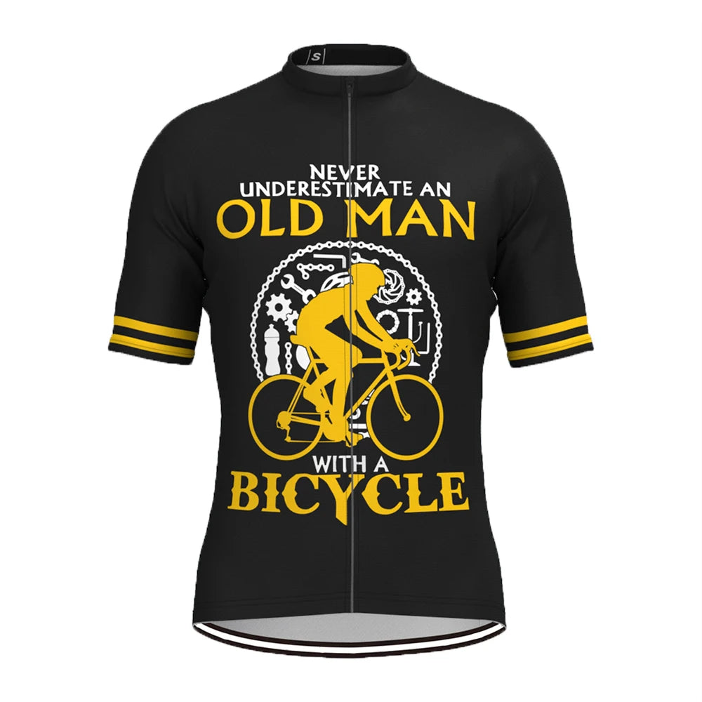 Black cycling jersey with yellow and white text and graphics on a white background
