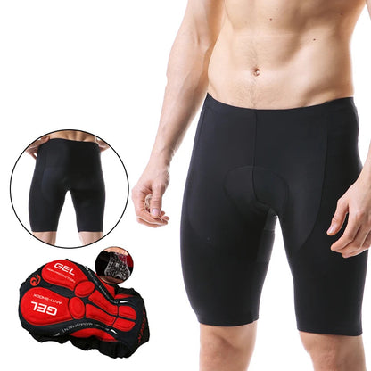 Black cycling shorts with gel padding on a white background