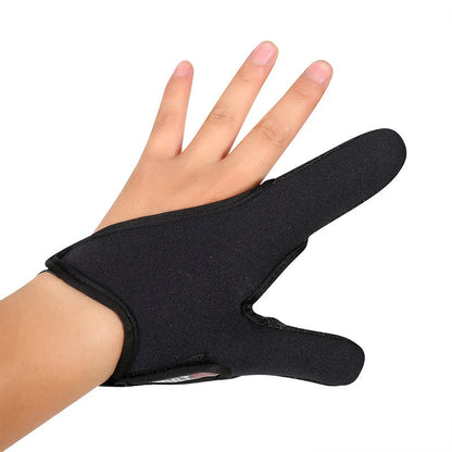 Black glove on a hand against a white background
