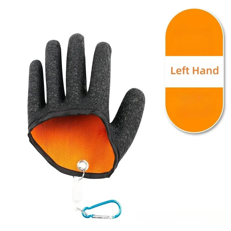 Black glove with orange interior and blue carabiner on a white background