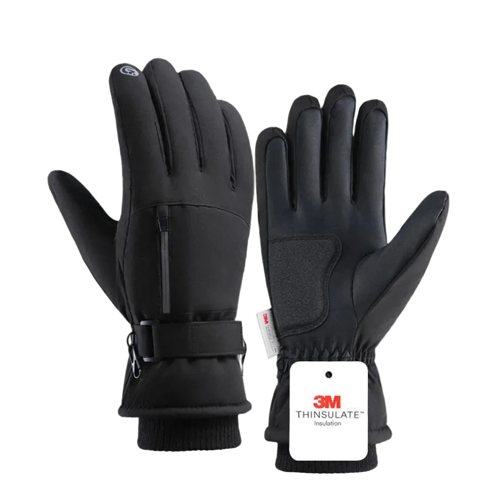 Black gloves with 3M Thinsulate insulation label on a white background.