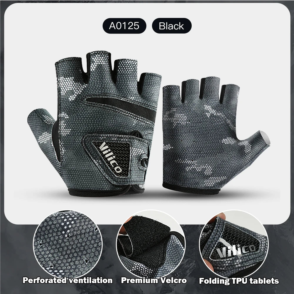 Black gloves with perforated ventilation, premium velcro, and folding TPU tablets on a gray background.