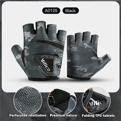 Black gloves with perforated ventilation, premium velcro, and folding TPU tablets on a gray background.