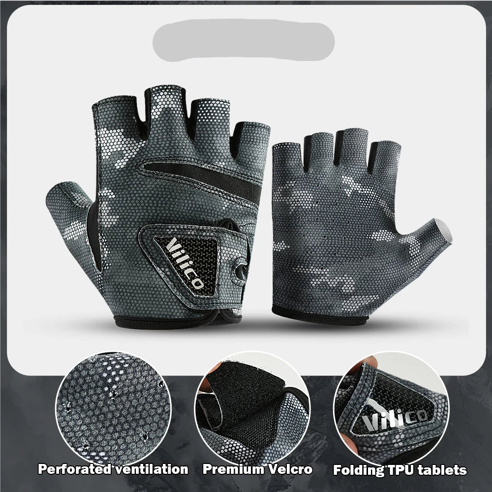 Black gloves with perforated ventilation, premium velcro, and folding TPU tablets on a gray background.